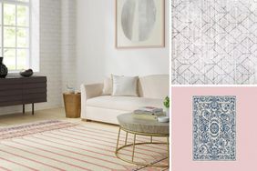 lifestyle image of living room and two rug images composite