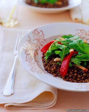 Arugula Salad with French Lentils, Smoked Chicken, and Roasted Peppers