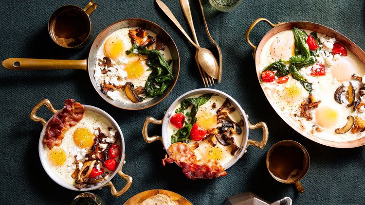 three variations of baked eggs in skillets