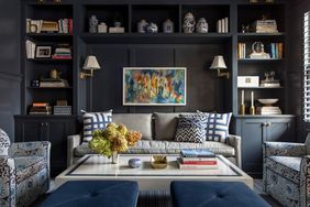 dark blue themed room large wall bookshelf