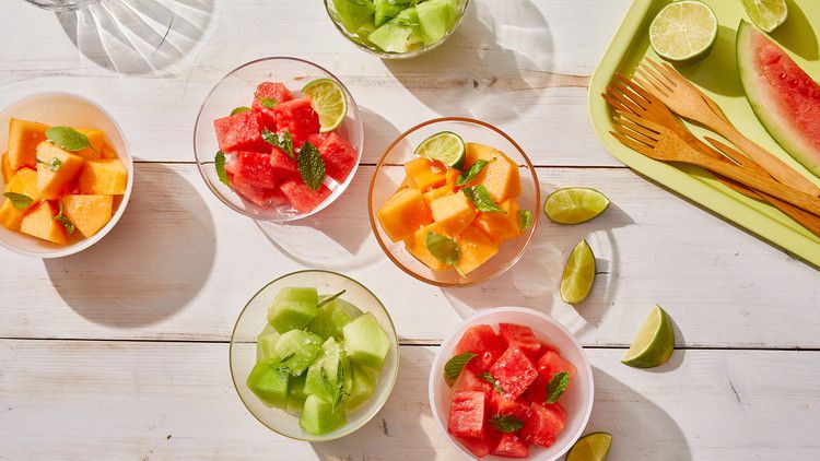 boozy melon fruit in glass bowls