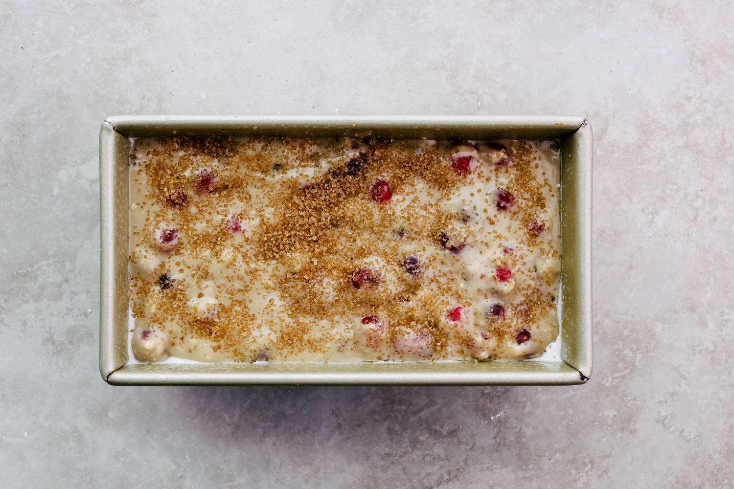 Cranberry Bread batter in loaf pan