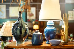 Display of handmade colorful glazed pottery or ceramics in a store