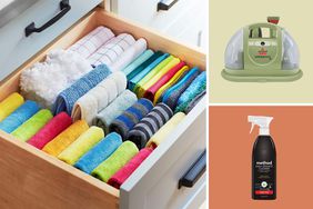 collage of cleaning cloths, vacuum and spray cleaner