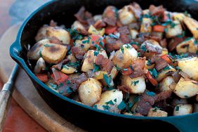 close up of iron skillet with home fries