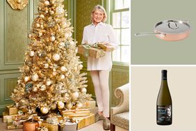 photo of Martha Stewart near Christmas tree, a saute pan, bottle of wine