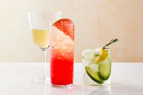 three mocktails in different glasses, cucumber and grapefruit