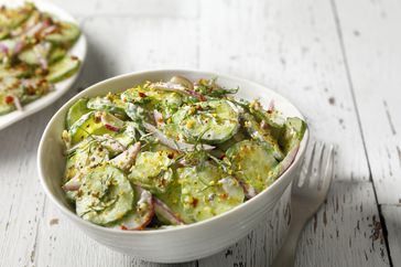 Creamy Cucumber Salad with Red Onion, Pickled Radish and Fresh Dill