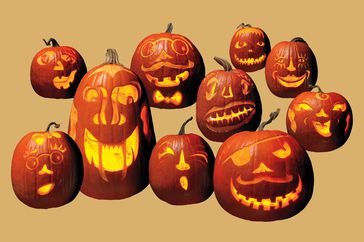 multiple jack-o-lanterns on an orange background