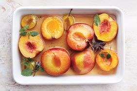 poached peaches in baking dish