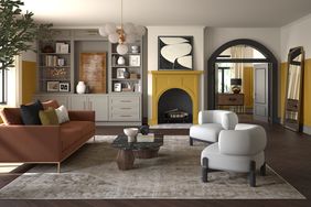 Living room with brown, gold, and gray details