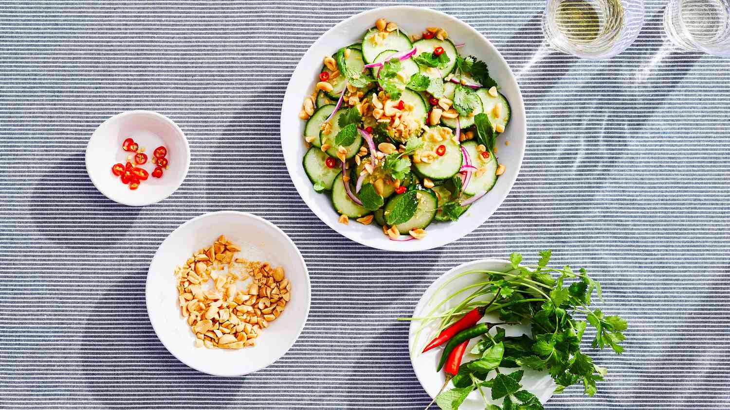 thai cucumber salad with chiles, peanuts, and herbs