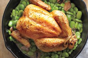 Rotisserie chicken on fava beans