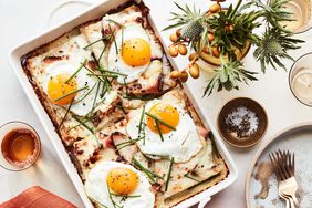 turkey-pastrami croque-madame casserole served in white dish